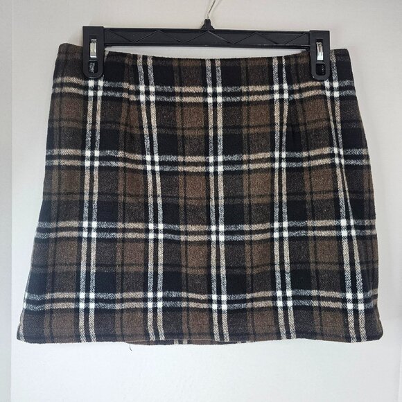 Women Plaid Mini Skirt Brown Black Wool Blend Autumn Size L Side Zip - Picture 1 of 11